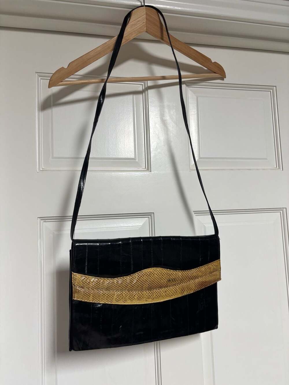 1980 Leather of the Sea Vintage Black & Gold Eel Skin Crossbody Envelope Clutch